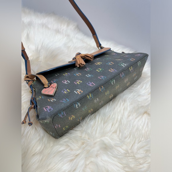 Dooney & Bourke “ Vintage It Bag” Leather Baguette Rainbow Monogram Blue Trim - Picture 6 of 17
